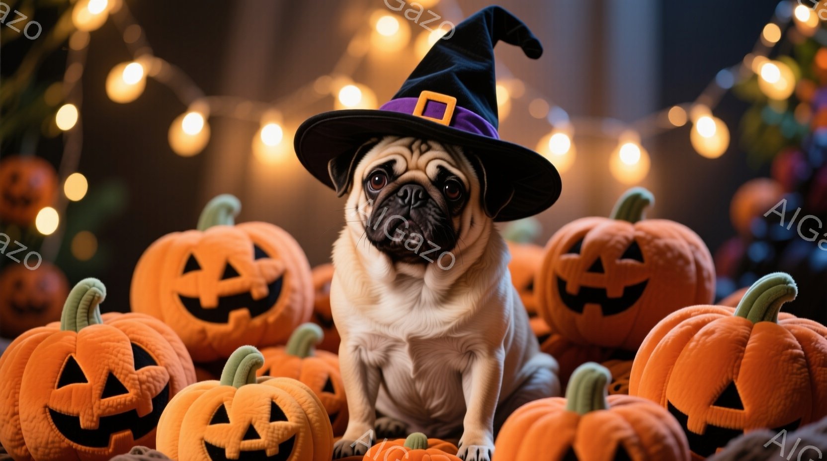 白いパグがハロウィーンの魔女帽子をかぶり、彫刻が施されたオレンジ色のカボチャに囲まれて座っています。パグは少し困ったような表情で、正面を見ています。背景にはハロウィーンの飾り付けが施されたライトが光っ - AI生成フリー素材