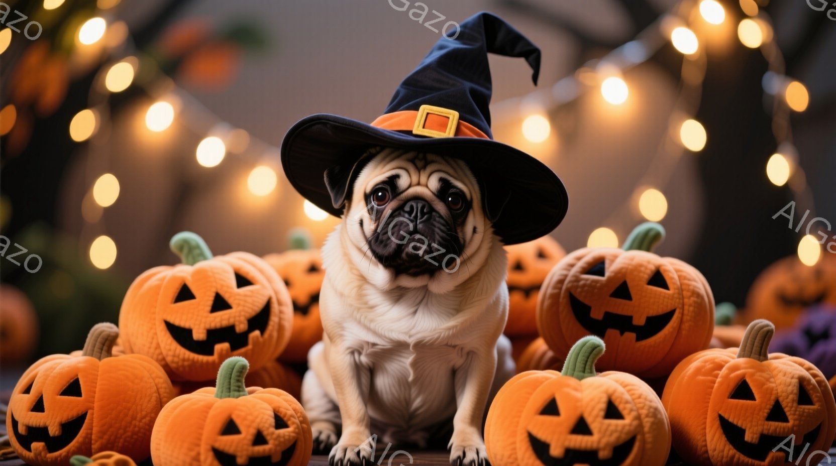 白いパグがハロウィーンの魔女帽子をかぶって座っており、表情は少し驚いたようにも見える。周りにはたくさんのジャック・オー・ランタンが配置され、背景にはぼやけたオレンジ色の光が灯っている。 全体的にハロウ - AI生成フリー素材