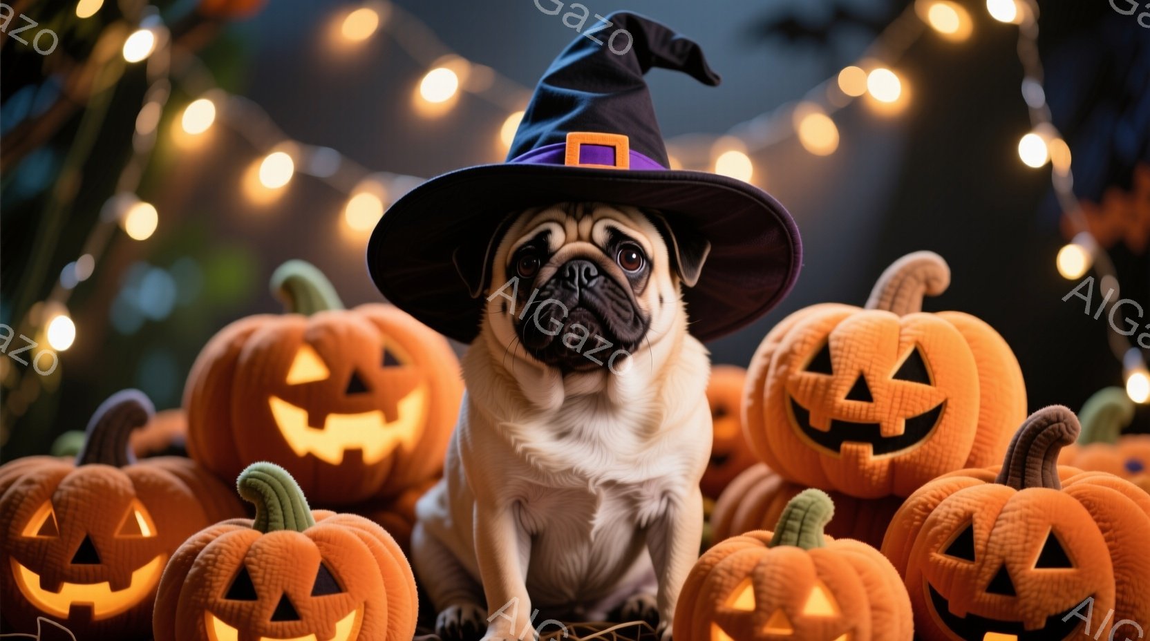 白くて茶色のパグが、ハロウィーンらしい魔女帽子をかぶって正面を見つめています。周りには、顔がくり抜かれたオレンジ色のカボチャが山のように積まれており、ハロウィーンの雰囲気を盛り上げています。背景にはぼ - AI生成フリー素材