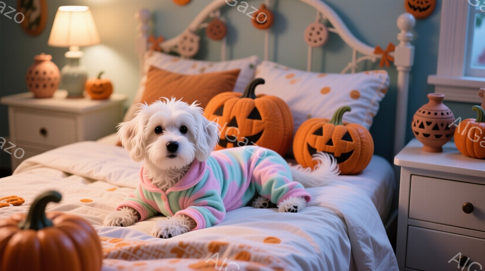 白い毛並みの小型犬が、ピンク、水色、黄色のパステルカラーのパーカーを着てベッドの上に横たわっています。周りにはハロウィンの装飾としてカボチャが置かれ、背景には白いナイトスタンドと、オレンジ色のドット柄 - AI生成フリー素材