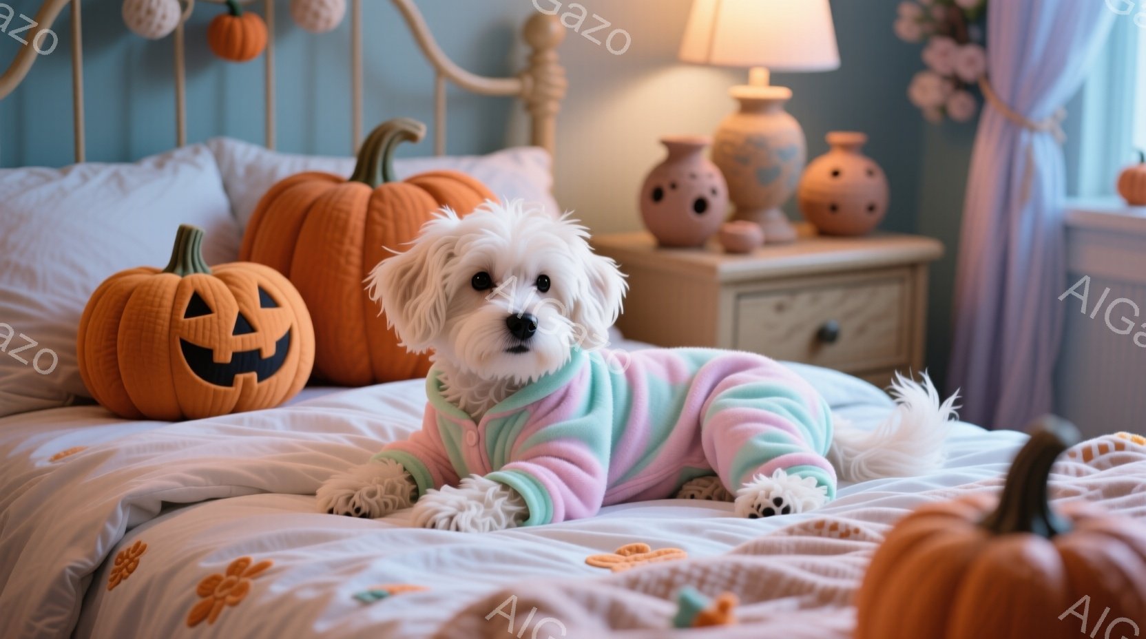 白い小型犬がベッドの上に横たわっており、パステルカラーの薄手のジャケットを着ています。犬はリラックスした表情で前方を向いており、毛並みはふわふわとしています。背景にはハロウィーンを意識したカボチャの装 - AI生成フリー素材