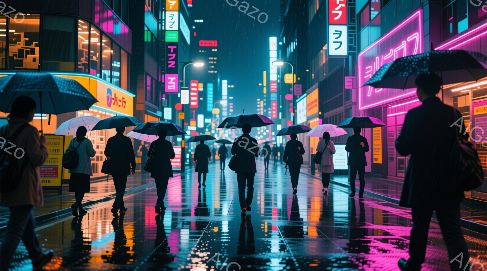 雨の夜、多くの人々が傘をさして歩いている様子が描かれています。彼らは皆、黒い服装で、顔ははっきりと見えません。背景にはネオンライトが輝く高層ビルが立ち並び、濡れた路面に光が反射して幻想的な雰囲気を醸し - AI生成フリー素材