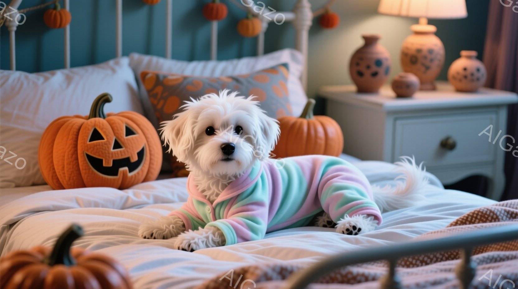 白い毛並みの小型犬がベッドの上でリラックスして横たわっています。パステルカラーの可愛らしいカバーオールを着ており、顔は穏やかで優しい表情です。背景にはハロウィーンを連想させるカボチャが飾られ、全体的に - AI生成フリー素材