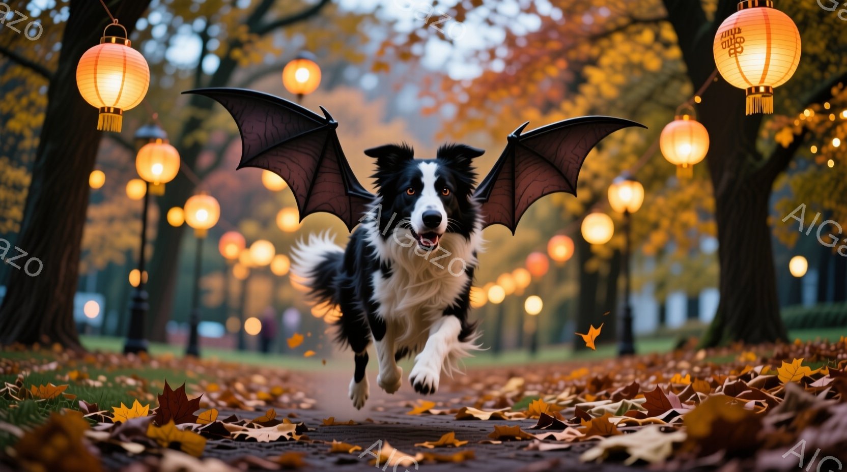 黒と白のボーダーコリーが、まるで空を飛ぶコウモリのように、公園の遊歩道を勢いよく駆け抜けている。背景には黄金色の落ち葉が散りばめられ、オレンジ色の提灯が並ぶ遊歩道は、ハロウィンのような幻想的な雰囲気を - AI生成フリー素材