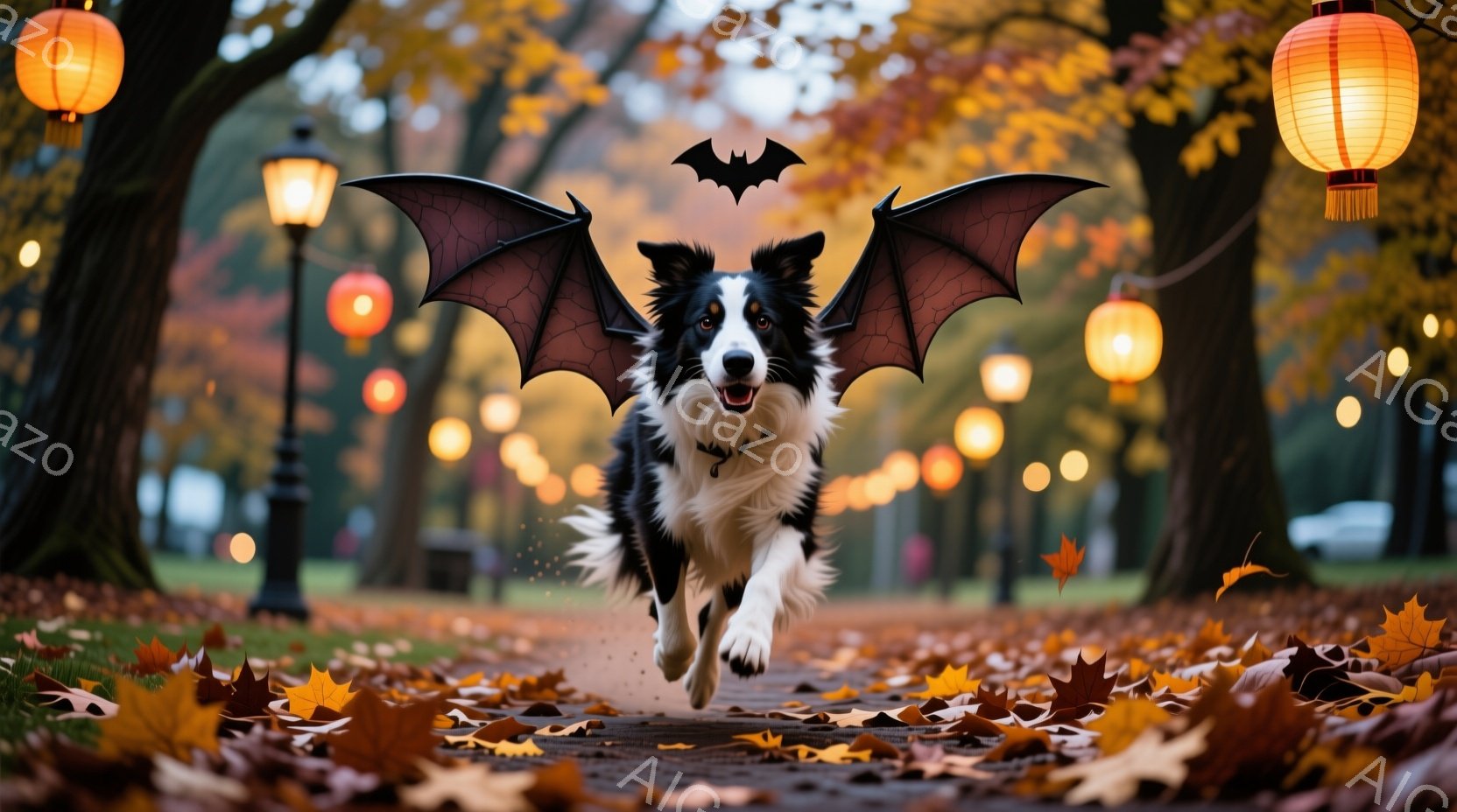黒と白のボーダーコリーが、まるで空を飛んでいるかのように、公園の小道の中を走り抜けている。コウモリのような翼が取り付けられており、ハロウィーンらしいユーモラスな雰囲気を醸し出している。背景には鮮やかな - AI生成フリー素材