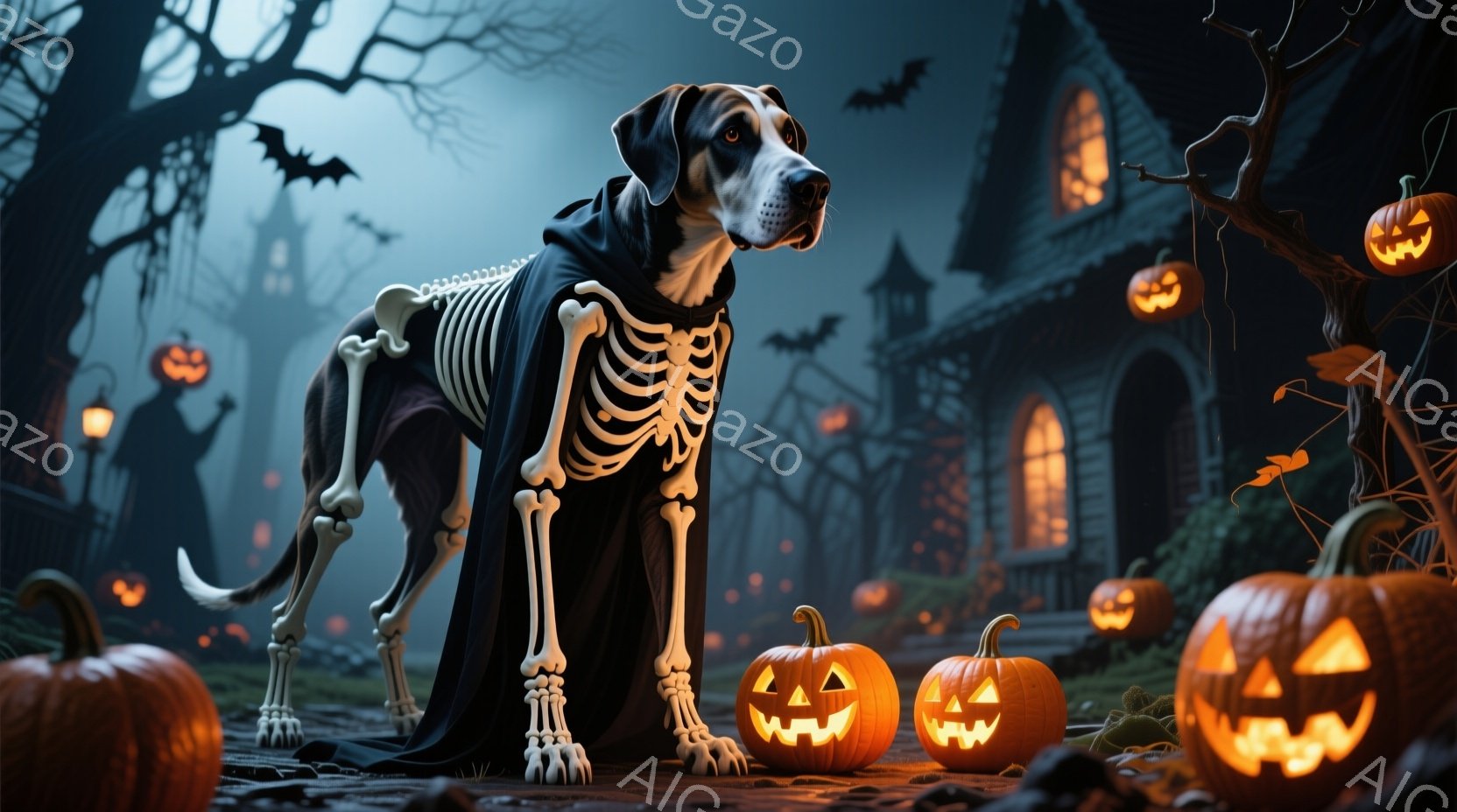 黒い毛並みの犬が、ハロウィーンの仮装として骸骨模様のケープを羽織っている。背景にはお化け屋敷のような建物が薄暗い光に照らされ、オレンジ色に光るジャック・オー・ランタンが庭に並んでいる。全体的に不気味で - AI生成フリー素材