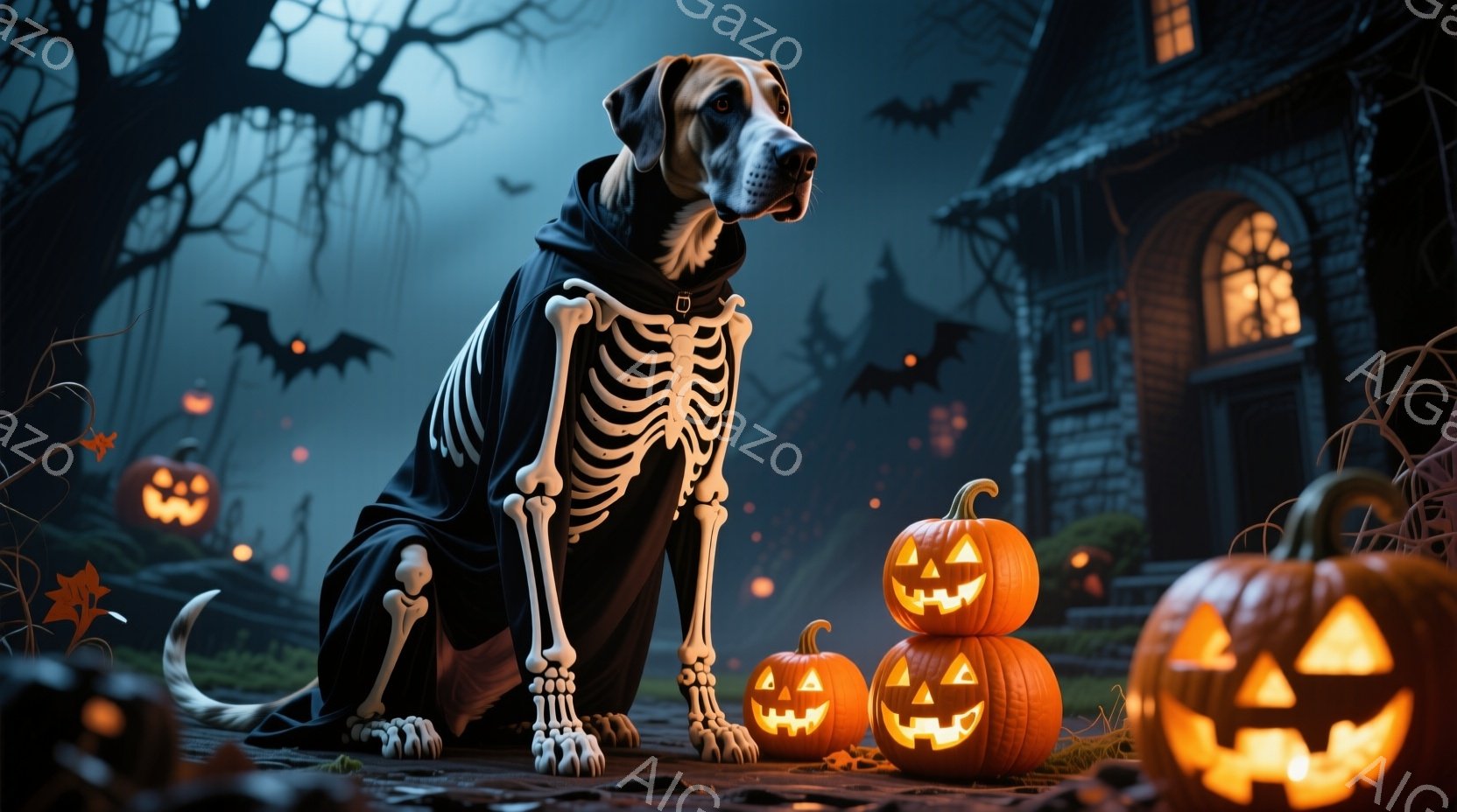 黒い背景に、ハロウィーンの衣装を着た犬が座っています。犬は骸骨模様のローブを着ており、その周りには様々な大きさのジャック・オー・ランタンが並んでいます。背景には暗いシルエットの建物と木々があり、遠くに - AI生成フリー素材