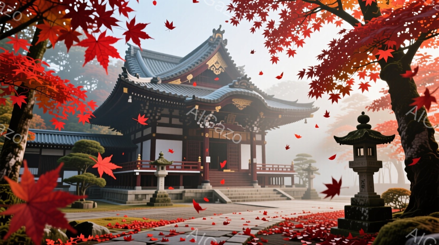 鮮やかな紅葉の葉が舞い散る、落ち着いた雰囲気の寺院が描かれています。寺院は黒と茶色の落ち着いた色合いで、洗練された建築様式が特徴的です。背景には緑の木々が茂り、全体的に穏やかで静謐な秋の情景が広がって - AI生成フリー素材