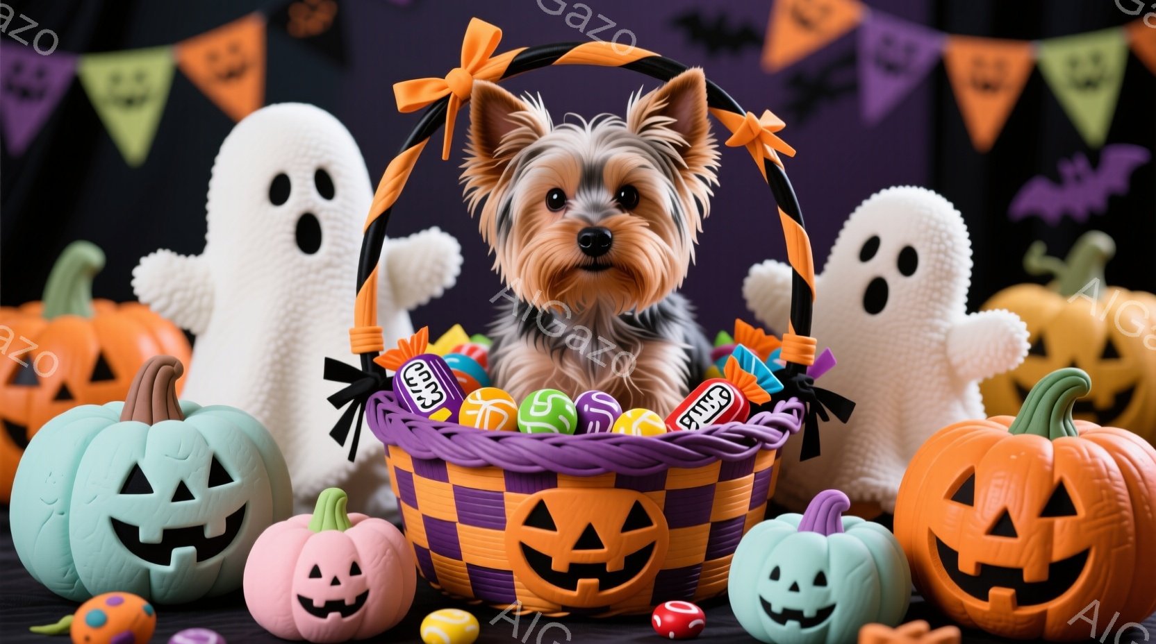 ハロウィーンをテーマにした写真で、ヨークシャーテリアが紫とオレンジのストライプのバスケットに座っています。バスケットにはキャンディーがたっぷり詰まっており、犬は好奇心旺盛な表情で正面を見つめています。 - AI生成フリー素材