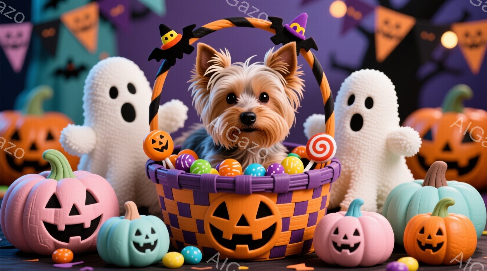 小さなヨークシャーテリアが、ハロウィーンの装飾でいっぱいのバスケットに座っています。背景には、オレンジ色のカボチャ、白いお化け、キャンディーが散りばめられており、ハロウィーンの楽しい雰囲気を醸し出して - AI生成フリー素材