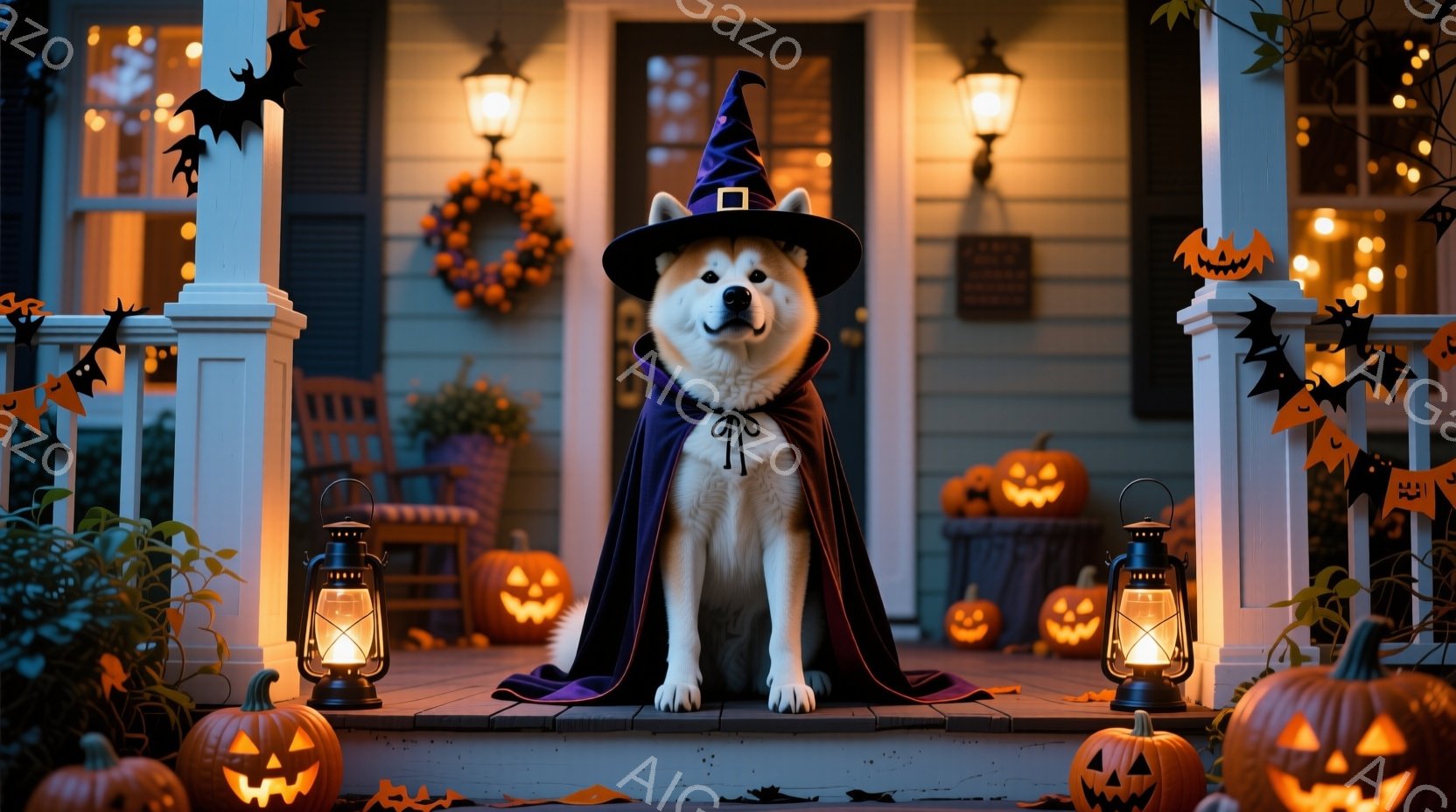 白と黒の毛並みを持つ犬が、ハロウィーンの衣装である黒いマントと先の尖った帽子を身につけ、家の玄関のステップに座っています。周囲には、ジャック・オー・ランタンやオレンジ色の飾り付けが置かれ、家のポーチはハロウィーンの装飾で彩られています。暖かく、お祝いムード溢れる、秋の夜のハロウィーンの雰囲気です。