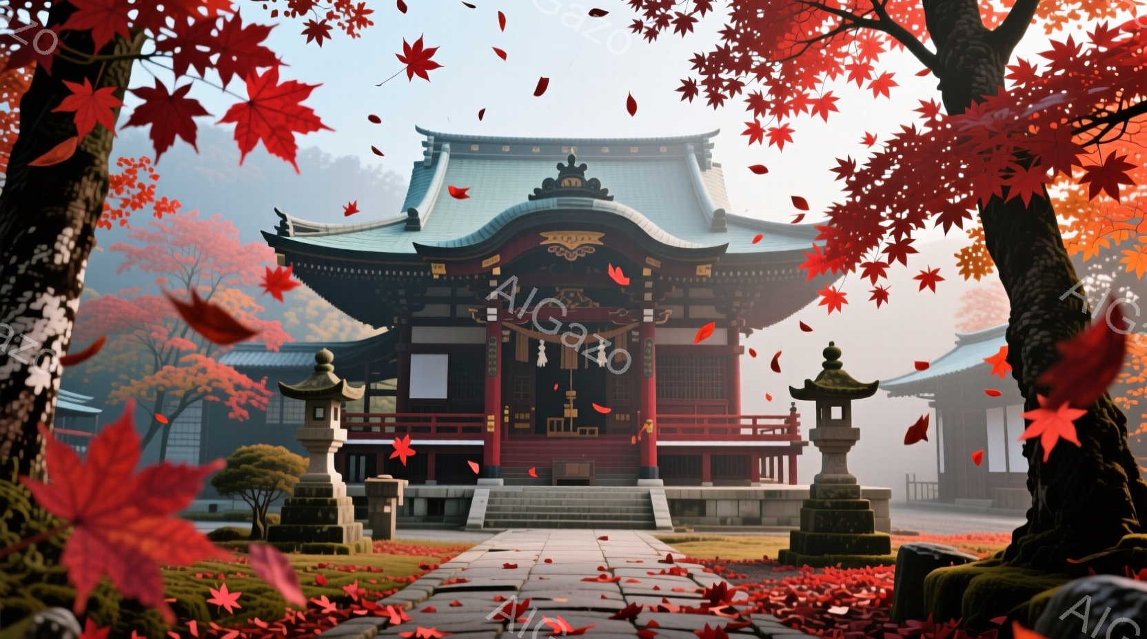 鮮やかな紅葉に囲まれた寺院が描かれています。石畳の道と石灯籠が寺院へと繋がり、背景には霞んだ山々が広がっています。全体的に落ち着いた雰囲気で、秋の訪れを感じさせる美しい情景です。 - AI生成フリー素材