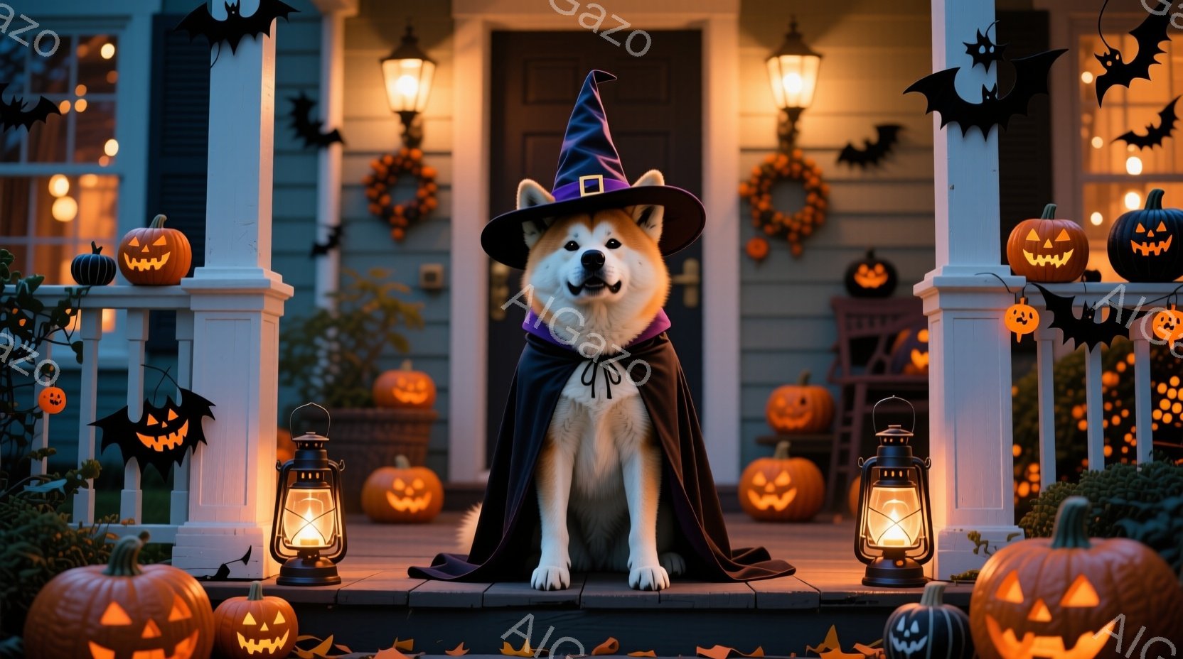 シバ犬が魔女の衣装を着て、家のポーチに座っています。黒いローブと先の尖った帽子を身に着け、少し困ったような表情をしています。背景には、カボチャのランタンやハロウィーンの装飾が飾られた、明るい温かみのある家のポーチと庭が見え、秋の夜の楽しい雰囲気を醸し出しています。