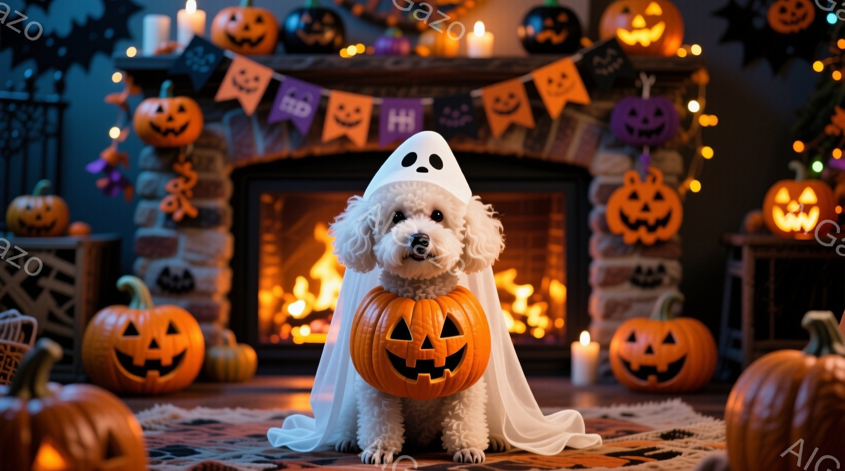 白い巻き毛の犬がハロウィーンの衣装を着て座っています。犬はオレンジ色のカボチャの形をしたおもちゃを抱き、白い幽霊の衣装を身に着けています。背景には、たくさんのカボチャのランタン、ハロウィーンの飾り、暖 - AI生成フリー素材