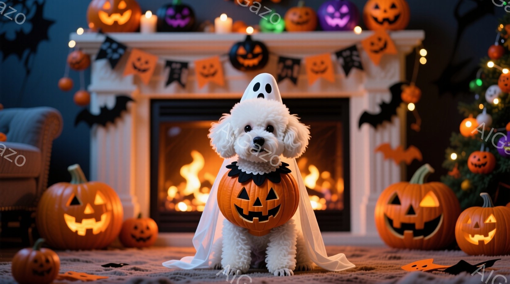 白い巻き毛の犬が、ハロウィーンの衣装を着て正面を見つめています。オレンジ色のカボチャの形をした衣装に白い幽霊のようなマントを羽織り、可愛らしい表情をしています。背景には、たくさんのカボチャのランタンや - AI生成フリー素材