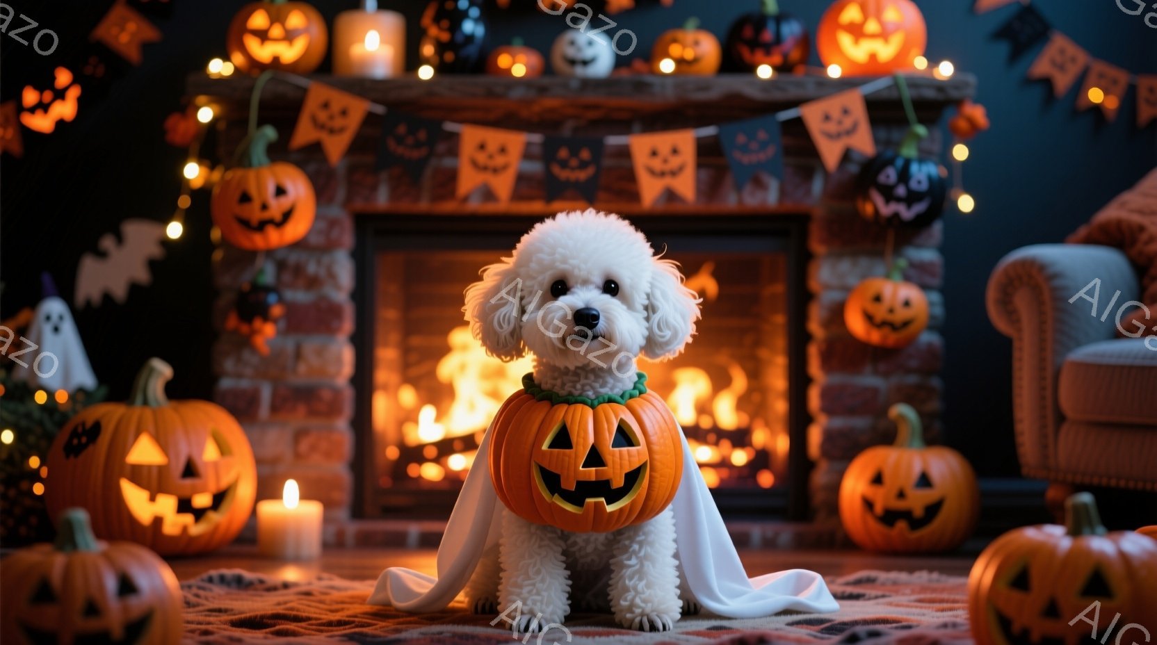 白い巻き毛の犬が、ハロウィンのカボチャの衣装を着て、白いマントを羽織っています。犬は正面を向き、少し上を見ているようで、穏やかな表情をしています。背景には、たくさんのジャック・オー・ランタンやハロウィ - AI生成フリー素材