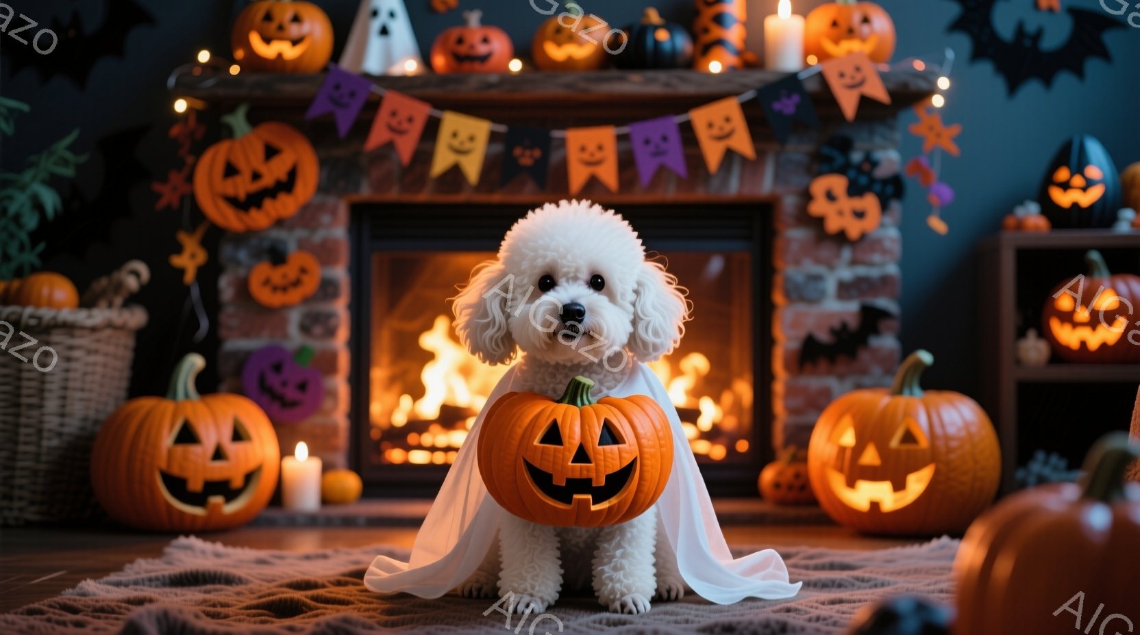 白い巻き毛の犬が、ハロウィーンの衣装であるカボチャの形をした装飾を身につけ、白いマントを羽織って座っています。背景には、燃える暖炉、様々なカボチャのランタン、ハロウィーンをテーマにしたガーランドや装飾 - AI生成フリー素材