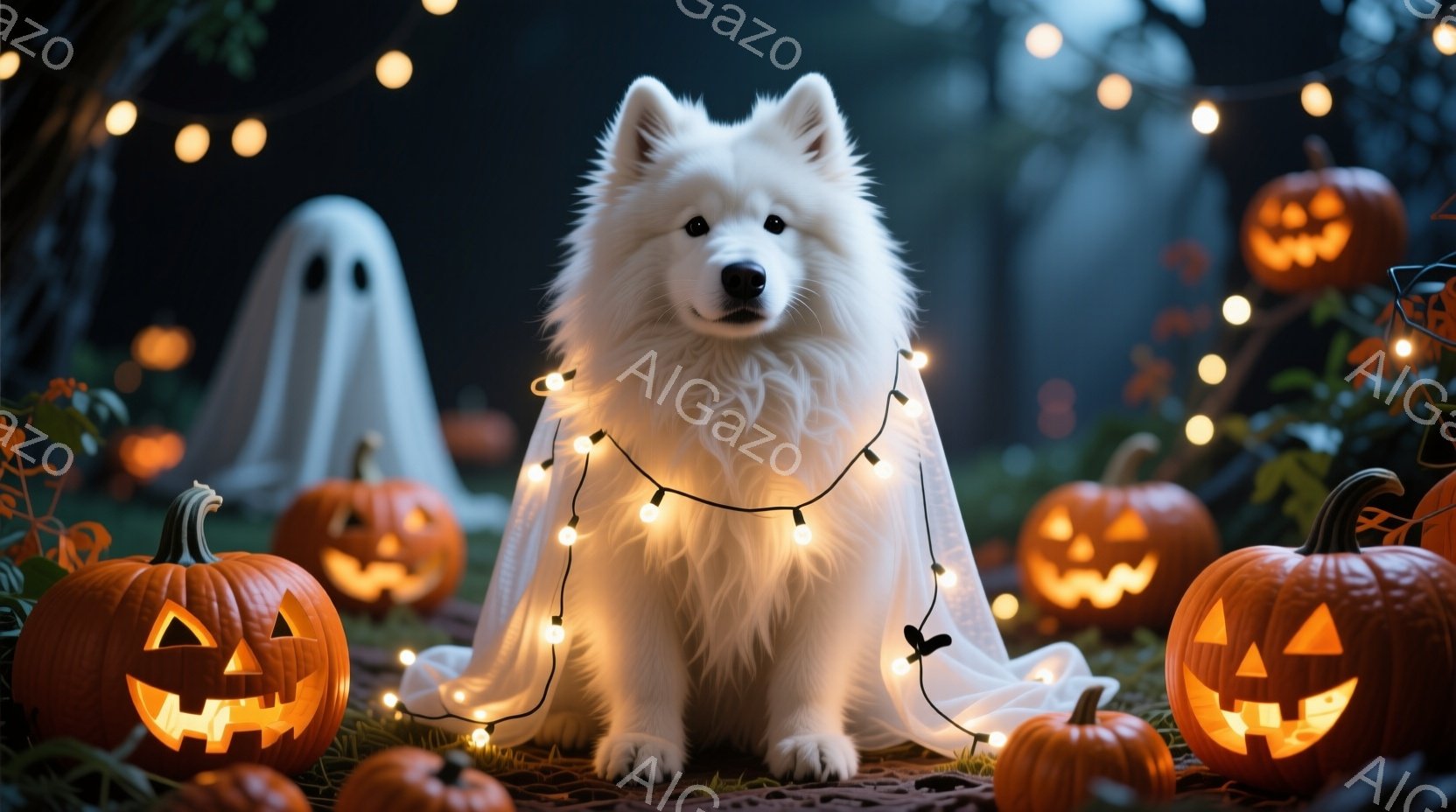 白い毛並みの大きな犬が、ハロウィーンの飾り付けに囲まれて座っています。犬は白い布をマントのように羽織り、首に光るガーランドを巻いています。背景には、彫刻が施されたカボチャや幽霊の飾りがあり、全体的に幻 - AI生成フリー素材