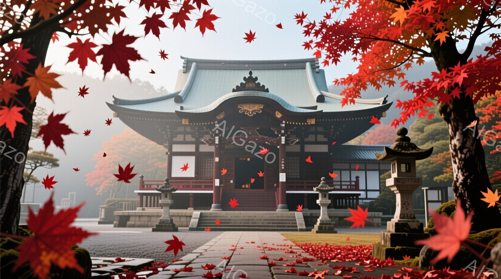 鮮やかな赤色の紅葉が舞い散る中、朱色の美しい寺院が穏やかに佇んでいます。石畳の道には紅葉が敷き詰められ、寺院へと続く道が幻想的な雰囲気を醸し出しています。背景にはぼんやりと近代的な建物が見え、自然と文 - AI生成フリー素材