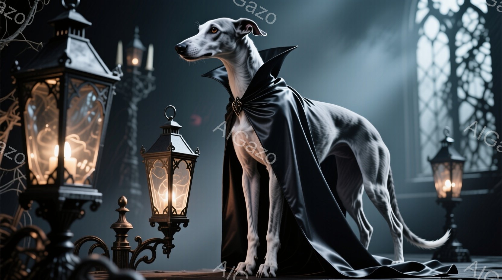 白い毛並みのグレイハウンドが、黒いマントを羽織って立っている。マントには金色の紋章があしらわれており、どこか高貴な雰囲気を漂わせている。背景には、点灯したランタンが並び、薄暗い室内のような、ハロウィンを思わせる神秘的な雰囲気が漂っている。