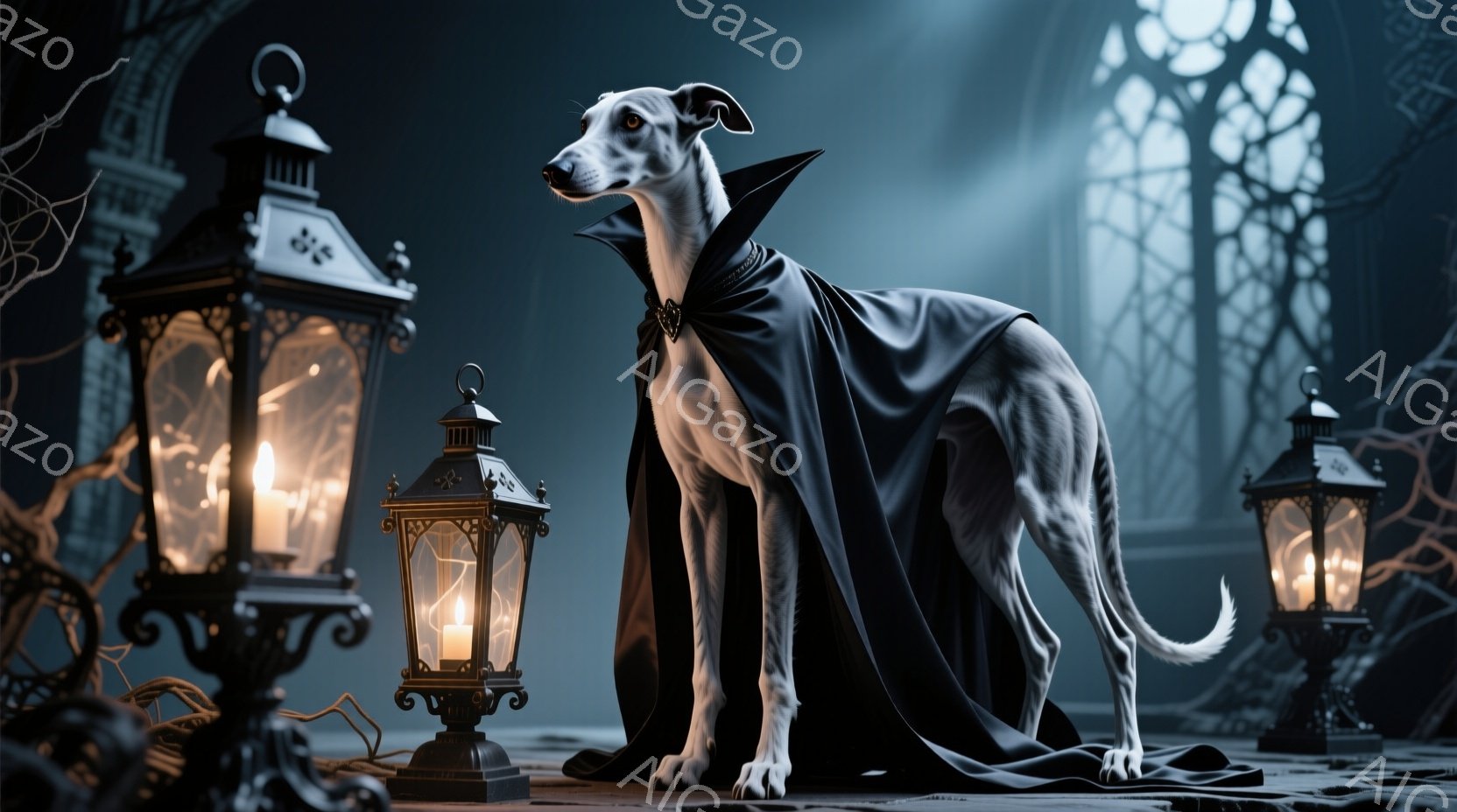 白い毛並みのグレイハウンドが、黒いマントを羽織り、中世の城のような場所で威厳のある姿勢で立っている。周囲には、灯りを灯した装飾的なランタンが並び、薄暗く神秘的な雰囲気を醸し出している。背景には、尖塔の - AI生成フリー素材