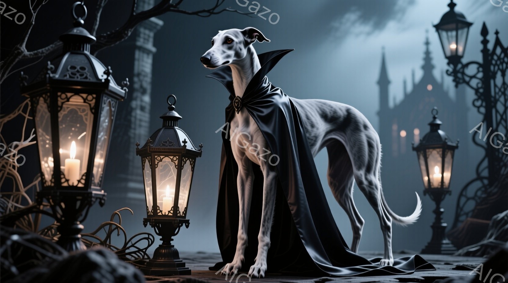 白い毛並みを持つグレイハウンドが、黒いマントを羽織って立っている。マントには金色の刺繍が施されており、優雅な雰囲気を醸し出している。背景にはゴシック様式の建物と点在するガス灯があり、霧が立ち込める夜の異世界のような雰囲気を表現している。