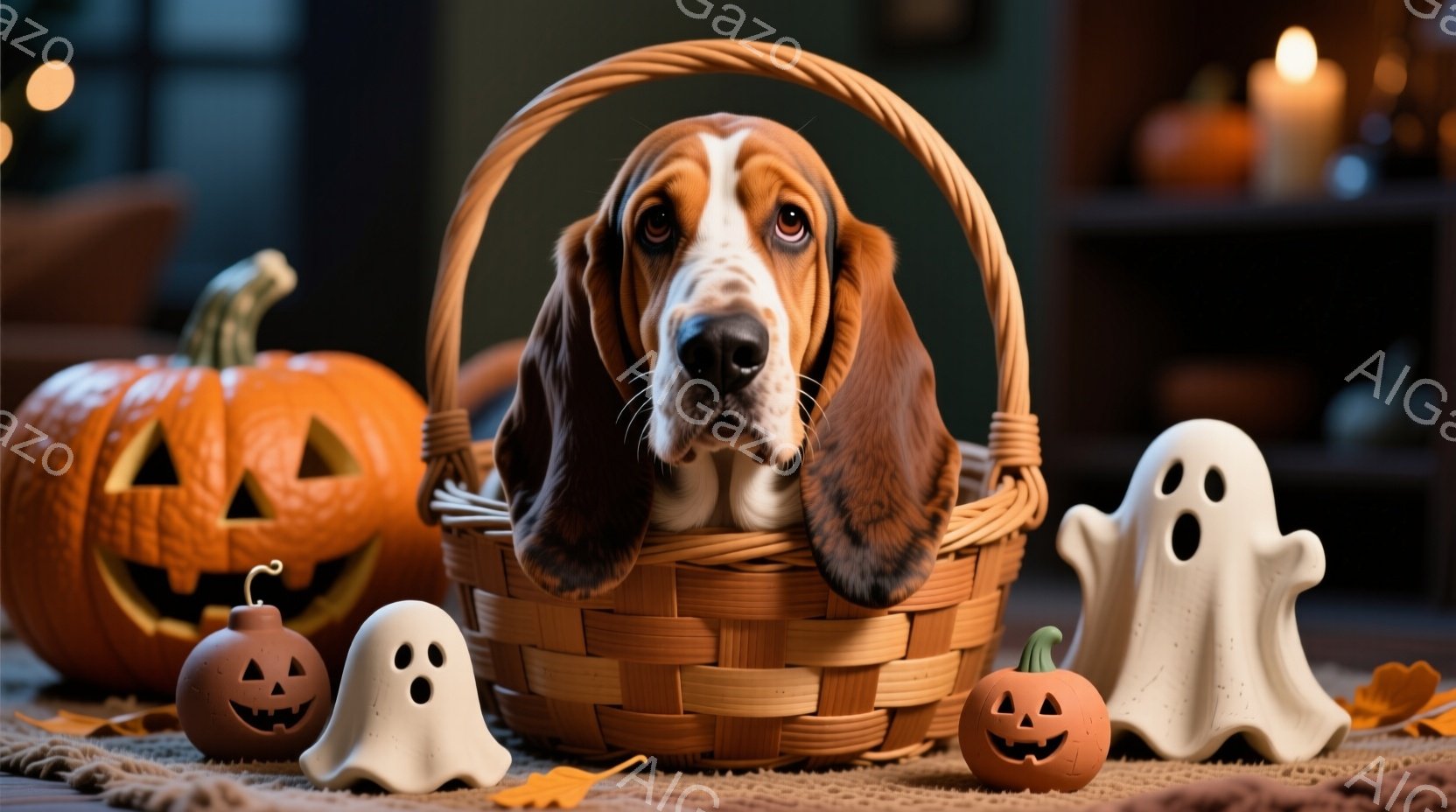 バスケットの中に、垂れ下がった耳を持つ茶色と白のハウンド犬が座っています。犬は正面を見ており、表情は穏やかで、ハロウィーンの装飾であるカボチャやお化けが周囲に配置されています。背景にはぼやけた家具があ - AI生成フリー素材