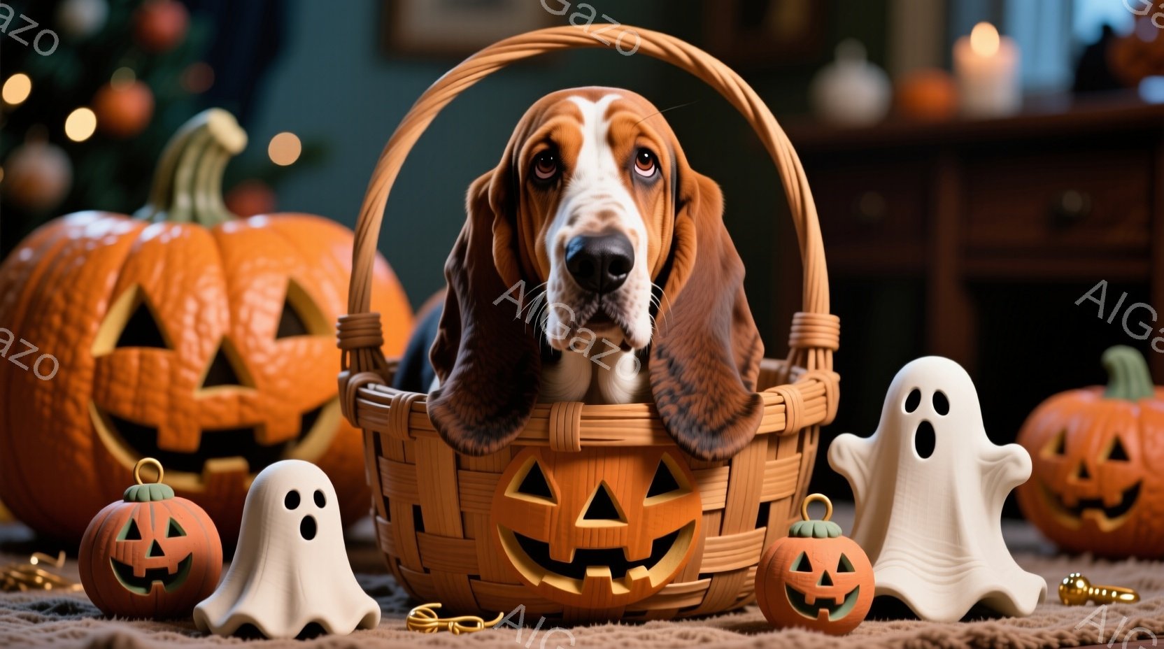 ハロウィーンの飾り付けがされた背景に、バスケットに入ったビーグル犬がいます。犬は落ち着いた表情で、少し顔を覗かせています。背景には、様々な大きさのジャック・オー・ランタンと幽霊の置物が配置され、暖かく - AI生成フリー素材
