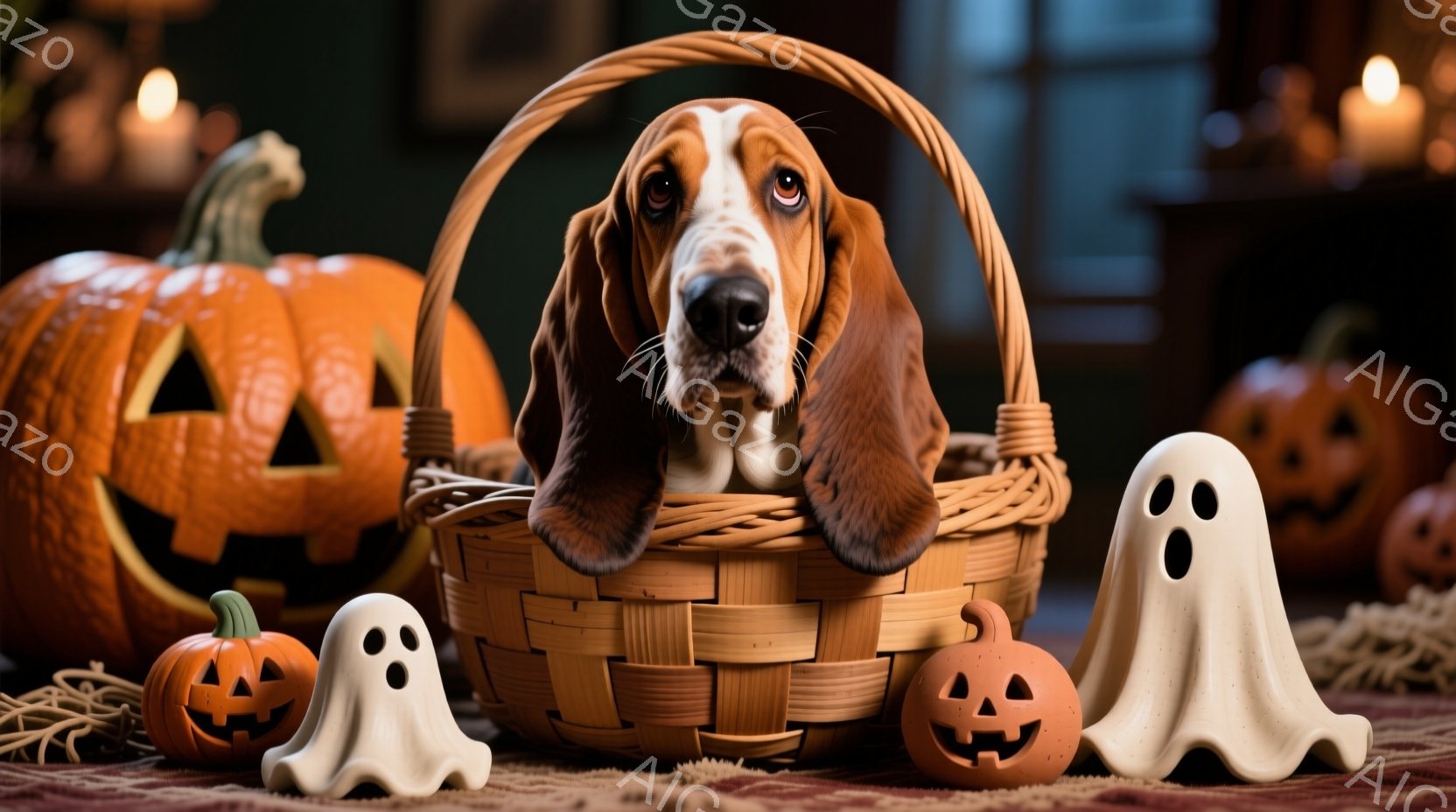 籠の中に、垂れ下がった耳が特徴的なブラウンの犬が横たわっています。周囲には、様々な大きさのジャック・オ・ランタンと可愛らしいお化けの置物が散りばめられており、ハロウィンの雰囲気を醸し出しています。全体的に暖色系の照明で照らされ、秋の夜の温かく、楽しい雰囲気が伝わってきます。
