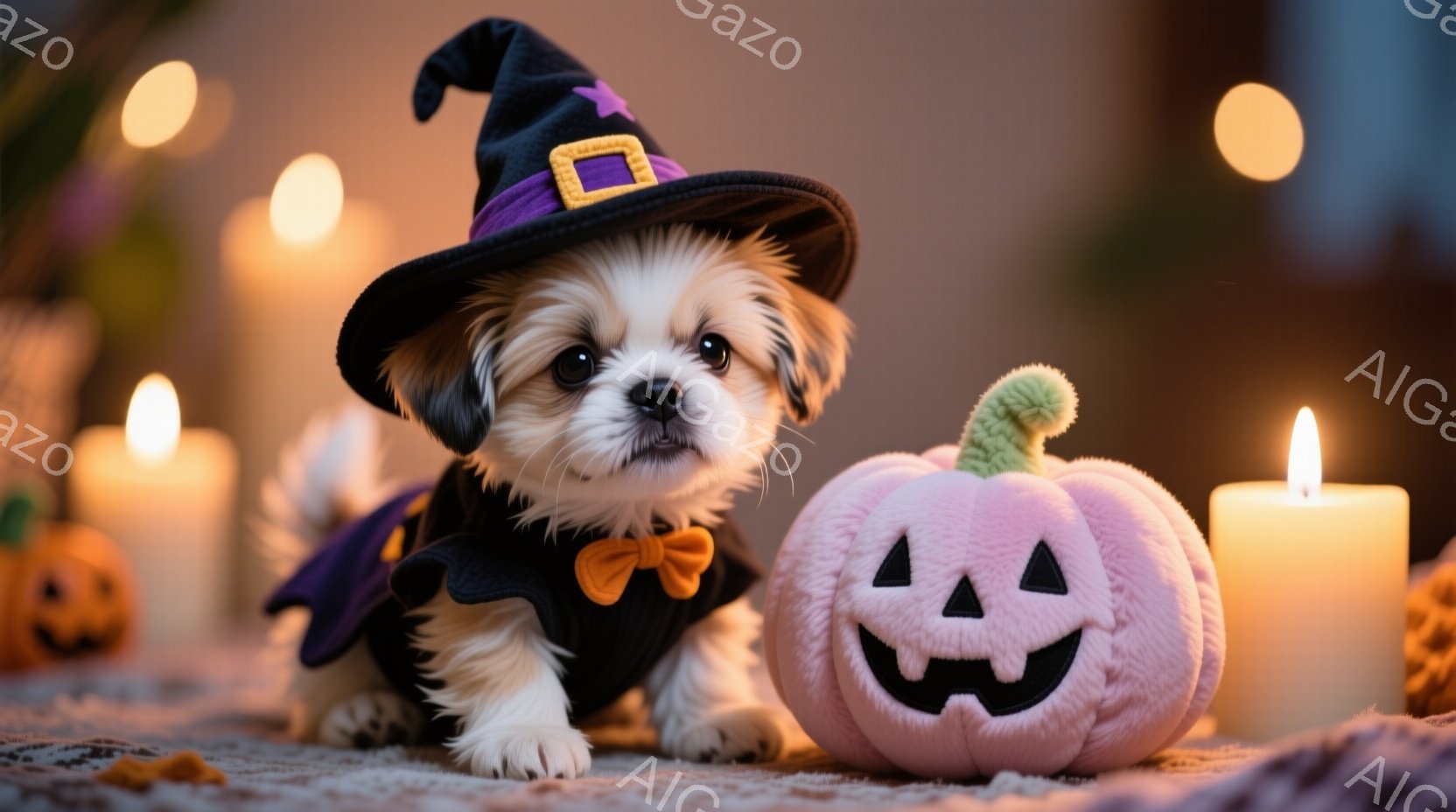 白い毛並みの小さな犬が、ハロウィーンをテーマにした衣装を着ています。紫色の帽子とオレンジ色のリボンが可愛らしく、少し不安そうな表情でカメラを見つめています。背景には、オレンジ色や白色のカボチャとロウソ - AI生成フリー素材