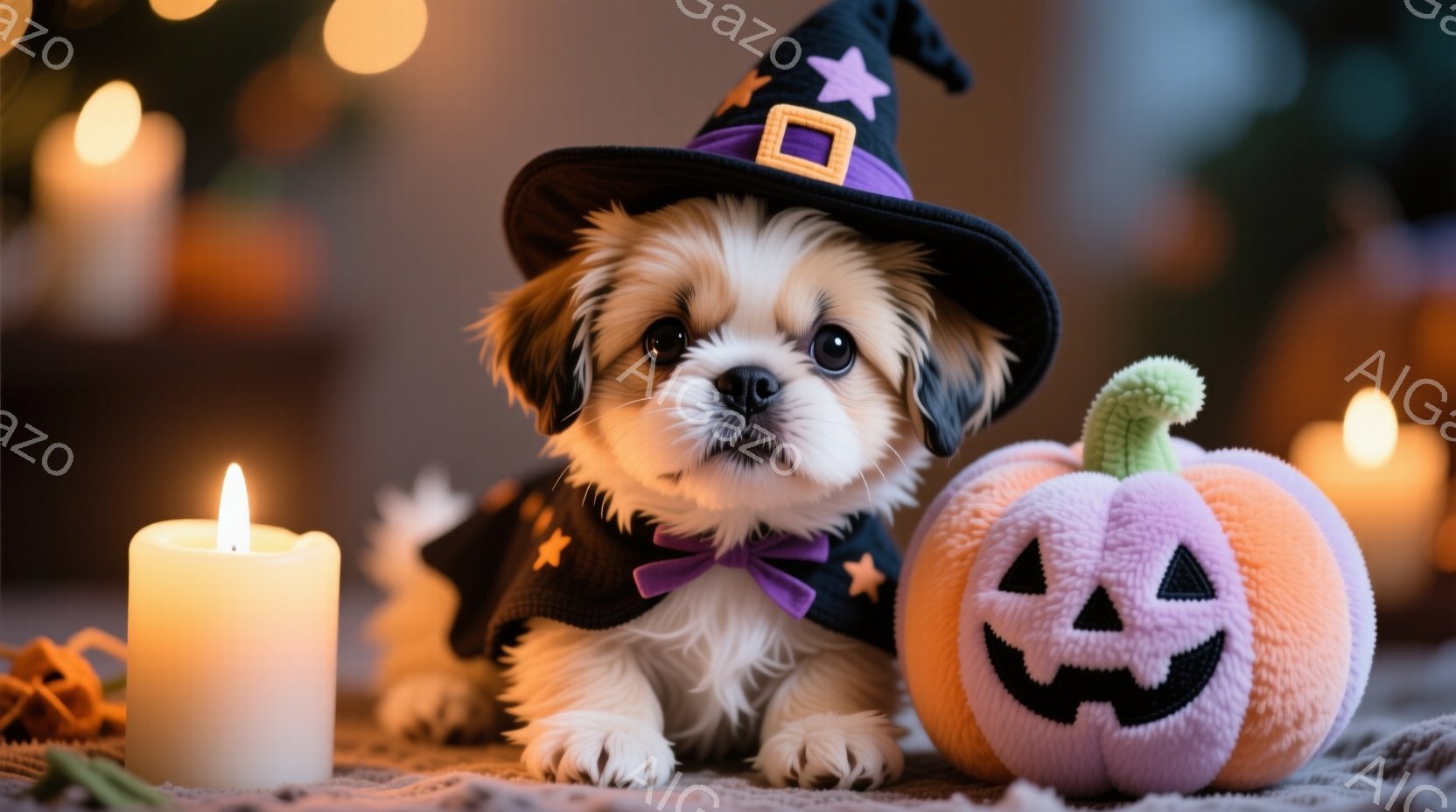 白くてふわふわした子犬が、ハロウィーンをテーマにした衣装を着て、オレンジ色のジャック・オー・ランタンのおもちゃの隣に横たわっています。子犬は黒い魔女の帽子と紫のリボンで飾られ、可愛らしい表情でカメラを見つめています。背景にはぼやけたキャンドルと飾りがあり、暖かく、お祝いの雰囲気を醸し出しています。