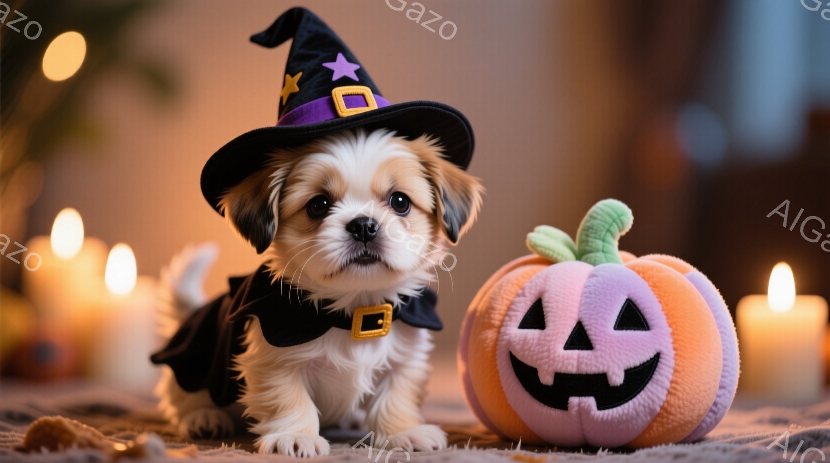白と茶色の毛並みを持つ小さな子犬が、黒い魔法使いの帽子とマントを身につけています。子犬は前足を伸ばし、少し上目遣いで微笑んでいるように見え、まるでハロウィンのパレードに参加する準備ができているかのよう - AI生成フリー素材