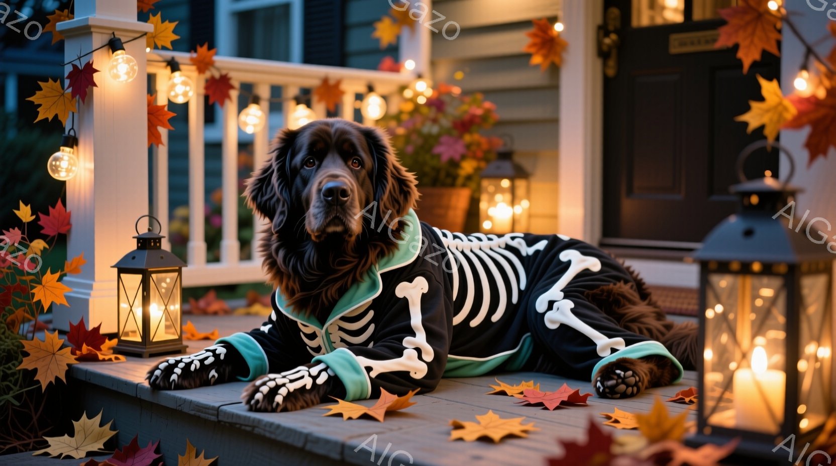 黒い毛並みの大型犬が、ハロウィーンらしい骸骨柄の衣装を着て、家のポーチの階段に横たわっています。背景には、オレンジ色のライトで飾られた手すり、かぼちゃや秋の花が置かれたプランター、そして散らばる紅葉が見られ、秋の夜の温かく穏やかな雰囲気が漂っています。犬はリラックスした様子で、カメラの方をわずかに見ており、ハロウィーンを楽しむ様子が伺えます。