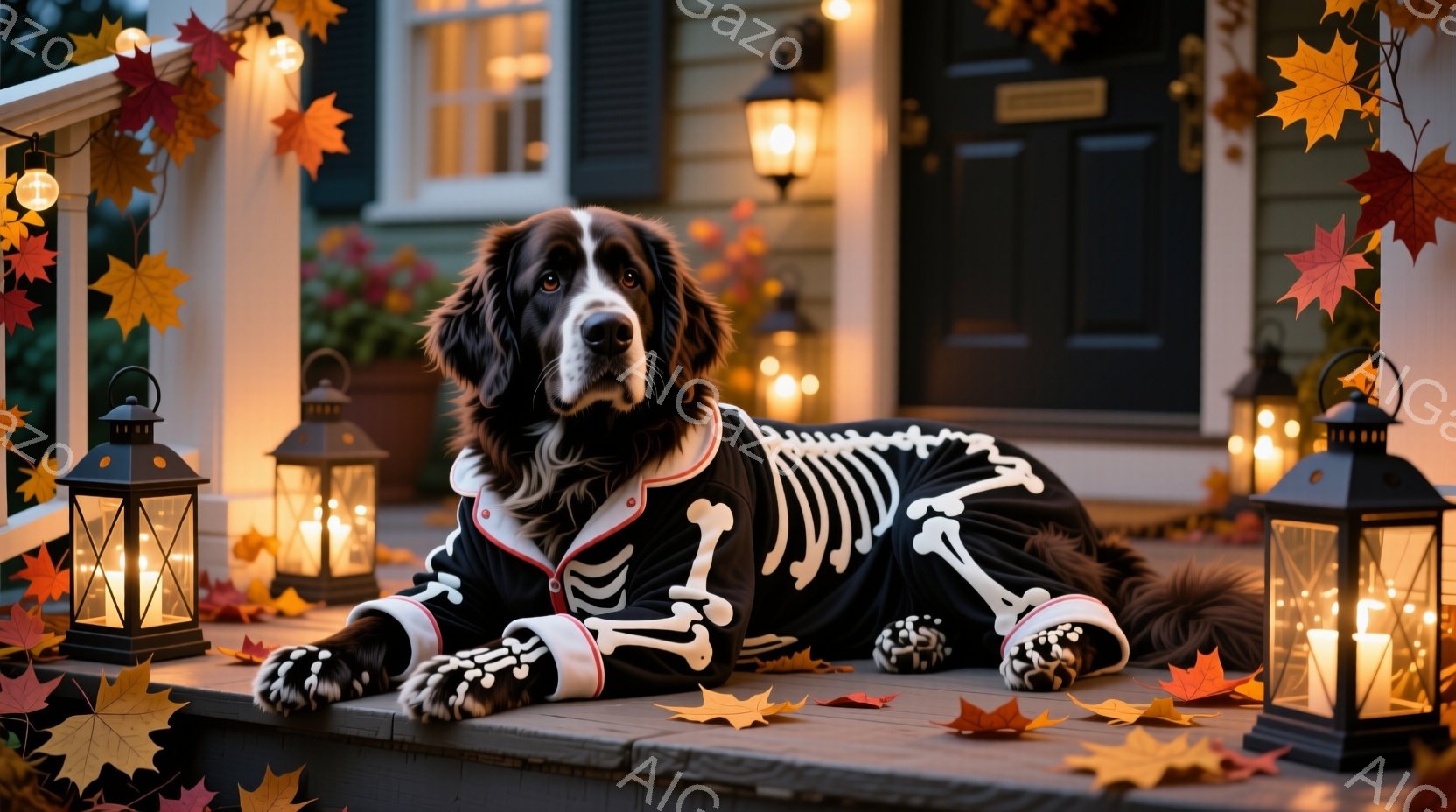 大きな犬がハロウィーンの骨格の衣装を着て、家の段差に横たわっています。周りにはオレンジ色の葉が散らばり、明るい光を放つ提灯が並べられています。背景には住宅が見え、秋らしい暖かく、お祝いの雰囲気が漂っています。