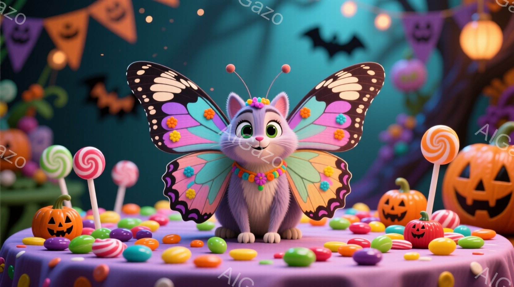 明るい紫色のテーブルの上に、カラフルな蝶の羽を持つ猫が座っています。猫はピンク色の首輪と花の飾りをつけており、大きな瞳で楽しそうにこちらを見ています。背景には、ハロウィーンの飾り付け、かぼちゃ、キャンディ、そして飛ぶコウモリが描かれており、お祭り気分で華やかな雰囲気です。