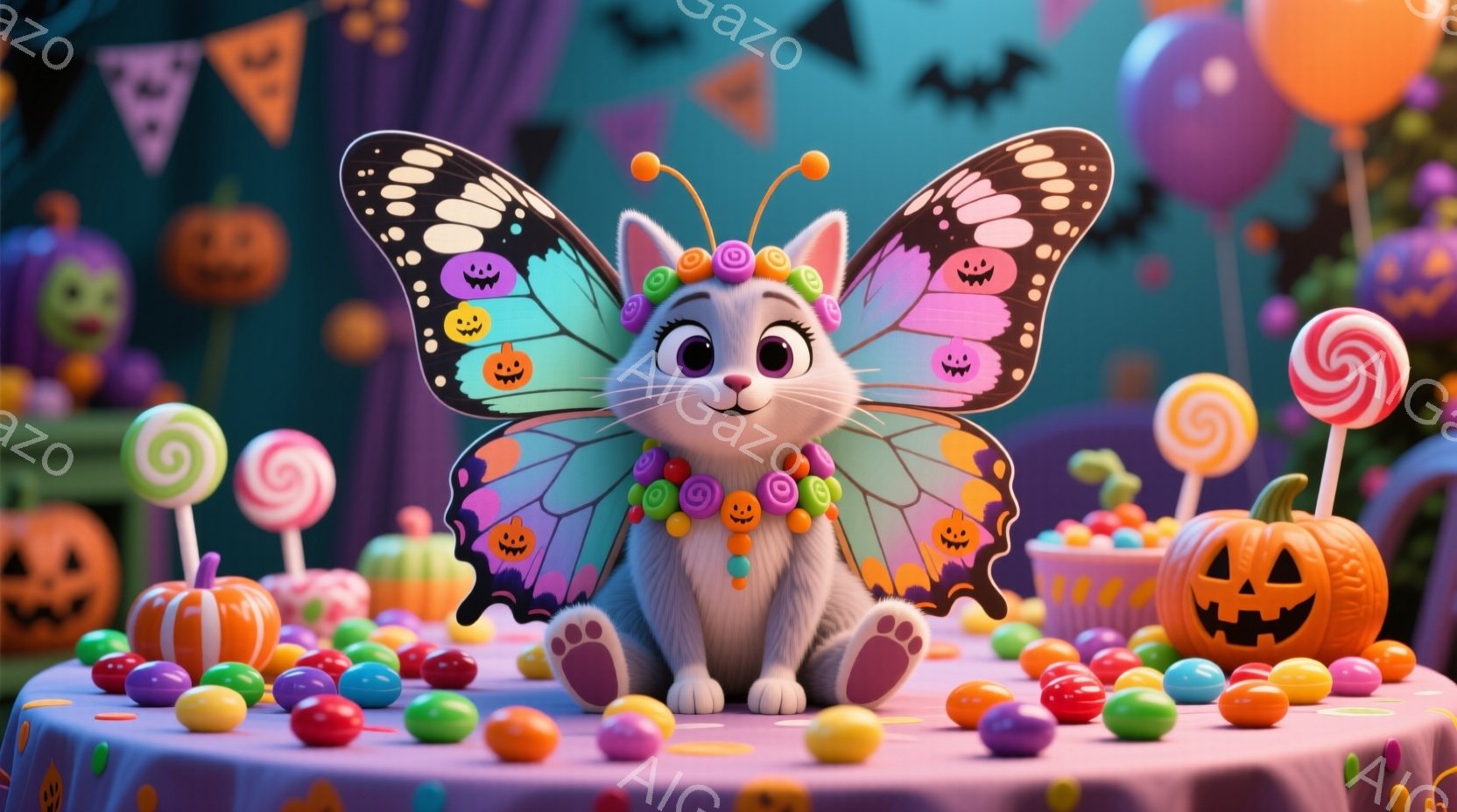 かわいい子猫が、ハロウィーンをテーマにしたテーブルの上に座っています。紫色の蝶の羽とオレンジ色の触覚を持ち、首にはキャンディのネックレス、頭には花の冠を付けています。背景にはハロウィーンの装飾、お菓子、カラフルなキャンディが散りばめられ、明るく楽しい雰囲気が漂っています。