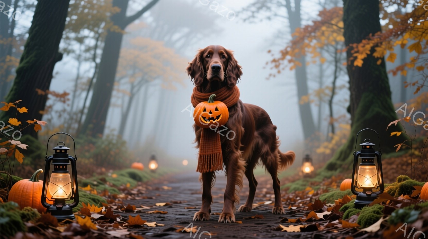 燃えるような赤毛の犬が、ハロウィーンの飾りであるジャック・オー・ランタンを首に巻いたオレンジ色のスカーフで飾り付けられ、森の小道の中央に立っている。背景には、ぼやけた木々、落ち葉、そしてハロウィーンの - AI生成フリー素材
