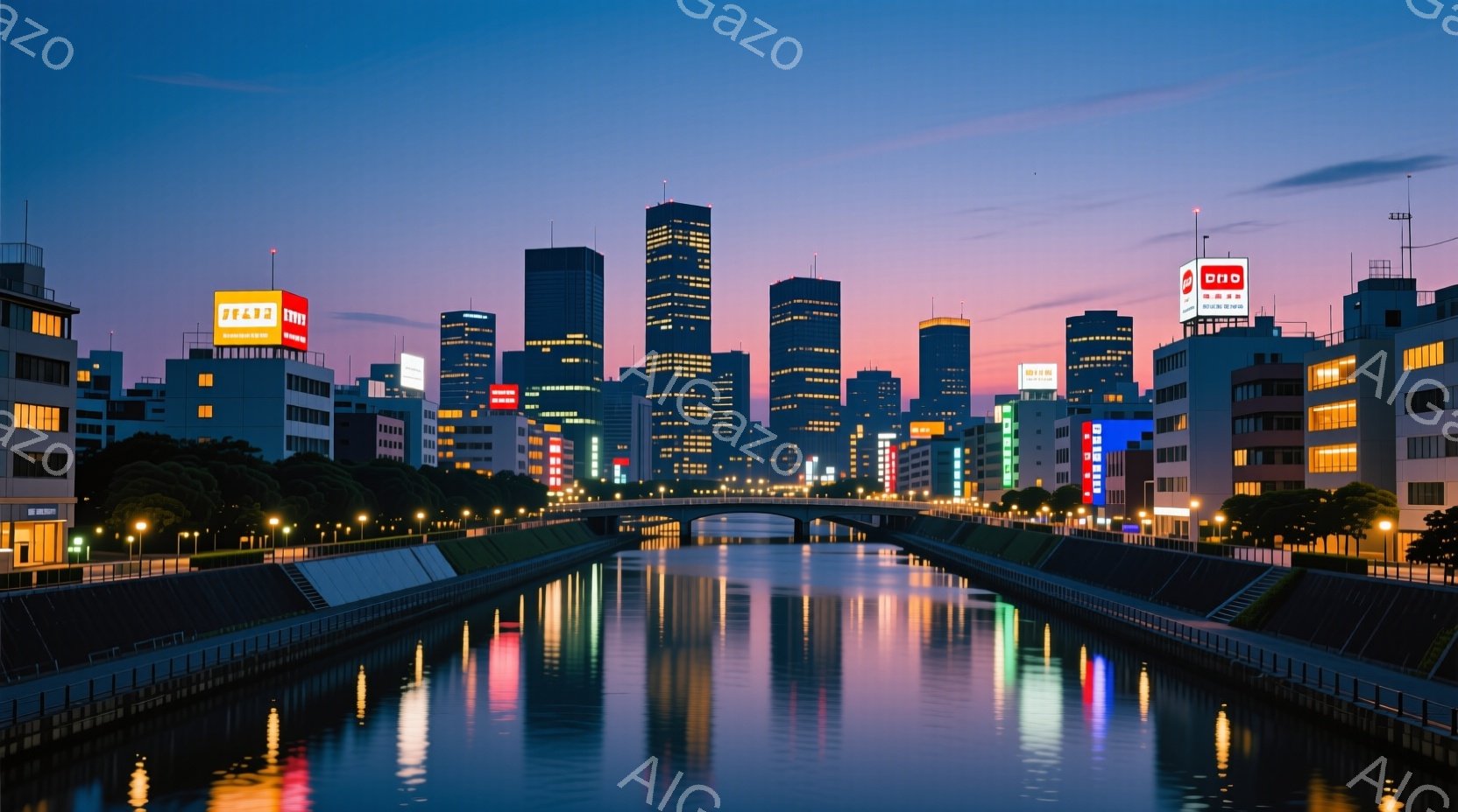 夜明け前の都市の風景が広がっており、運河が街の中心を流れている。高層ビル群が夕焼け空を背景にそびえ立ち、運河の水面にはネオンライトや街灯が反射してキラキラと輝いている。運河の両側には街路樹が並び、静かで落ち着いた雰囲気が漂う。