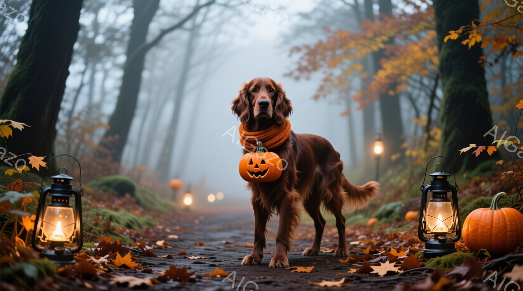 鮮やかな赤毛の犬が、首にオレンジ色のスカーフを巻き、ハロウィーンのランタンをくわえています。背景には霧のかかった森が広がり、落ち葉が敷き詰められた道沿いにランタンが並んでいます。全体的に幻想的で、秋の - AI生成フリー素材