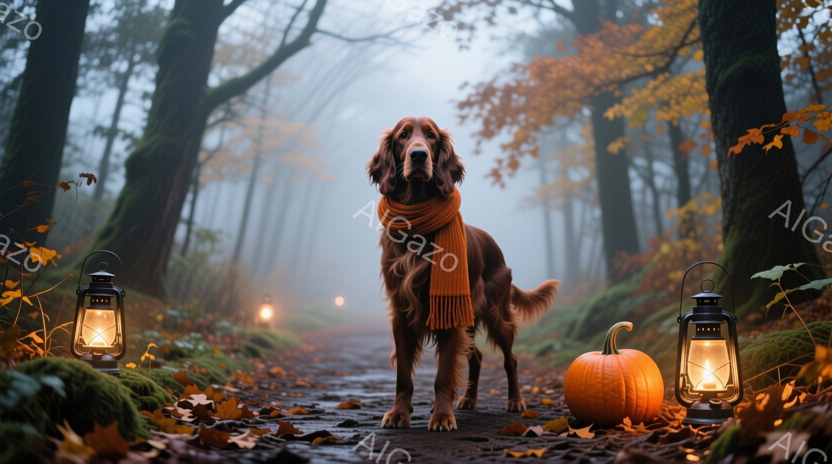 赤毛の犬が、落ち葉が敷き詰められた森の道に立っている。首にはオレンジ色のスカーフが巻かれており、表情は穏やかで、カメラの方を見つめている。背景にはぼやけた木々、苔むした地面、そしてハロウィーンを連想させるカボチャと灯りが灯ったランタンがあり、霧が立ち込める幻想的な雰囲気を醸し出している。