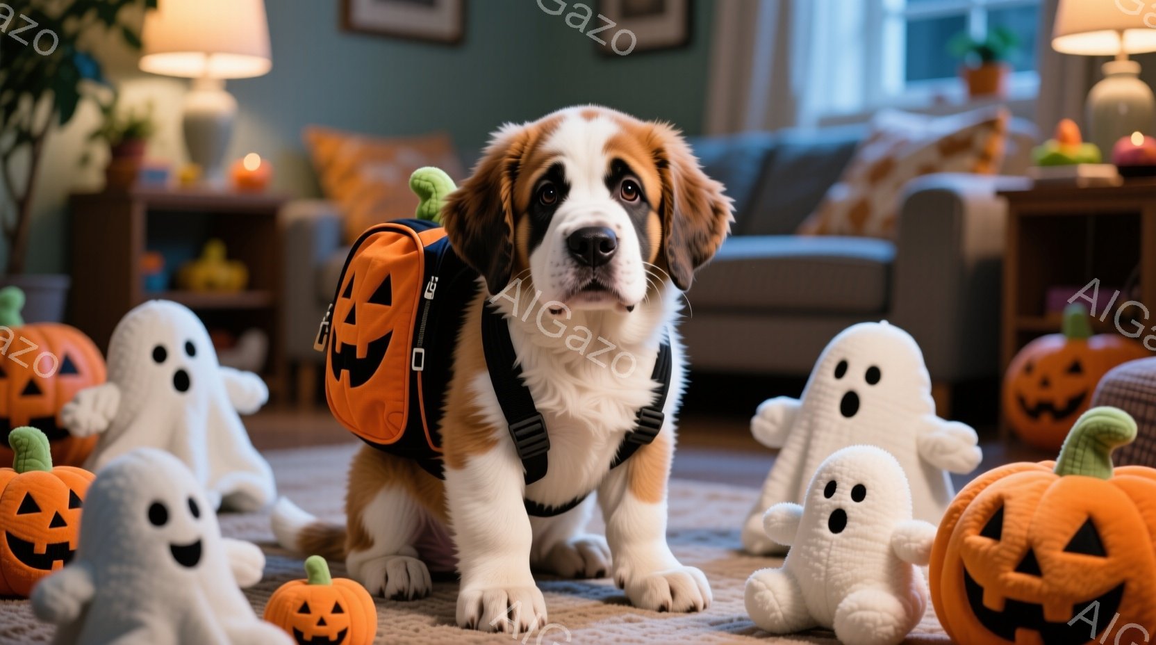 大きな犬がハロウィーンをテーマにしたおもちゃに囲まれて座っています。オレンジ色のカボチャ模様のバックパックを背負い、穏やかで優しい表情をしています。背景には、暖色の照明が灯ったリビングルームがあり、全 - AI生成フリー素材