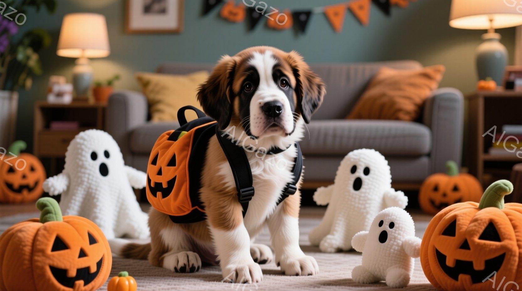 ハロウィーンの装飾に囲まれた子犬が写っています。子犬はオレンジ色のカボチャのバックパックを背負い、正面を見つめて座っており、好奇心旺盛な表情をしています。背景には、ソファーや植物、そしてハロウィーンの - AI生成フリー素材