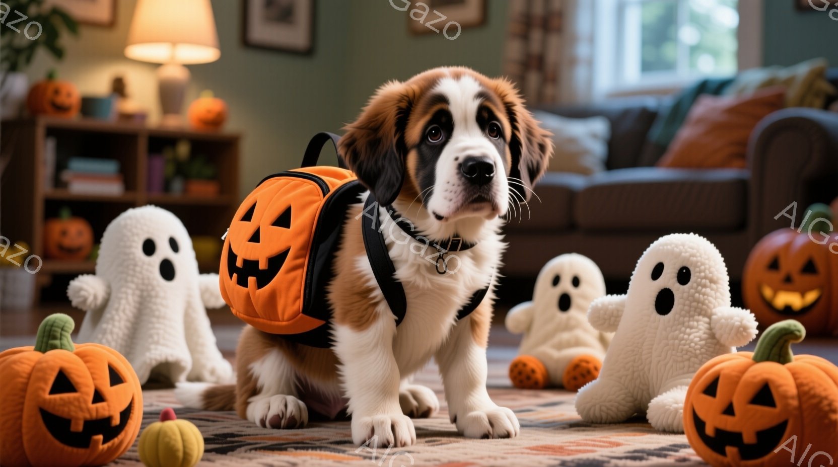 白と茶色のセントバーナードの子犬が、ハロウィーン風のオレンジ色のカボチャのバックパックを背負って座っています。周りには、ふわふわの白い幽霊の人形と、様々な大きさのジャック・オ・ランタンが置かれ、暖炉のあるリビングルームのような、温かく居心地の良い空間が広がっています。全体的に、ハロウィーンの雰囲気を楽しみながら、リラックスした穏やかな様子が伝わってきます。