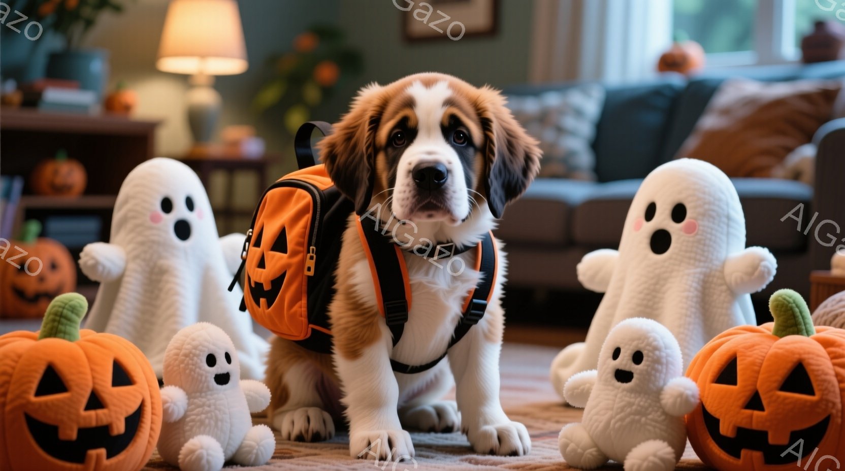 白い毛並みと茶色のまだら模様のセント・バーナードの子犬が、ハロウィーン柄の小さなバックパックを背負って座っています。子犬はまっすぐ前を見ており、その表情は少しおどけたような、可愛らしい印象を与えます。 - AI生成フリー素材