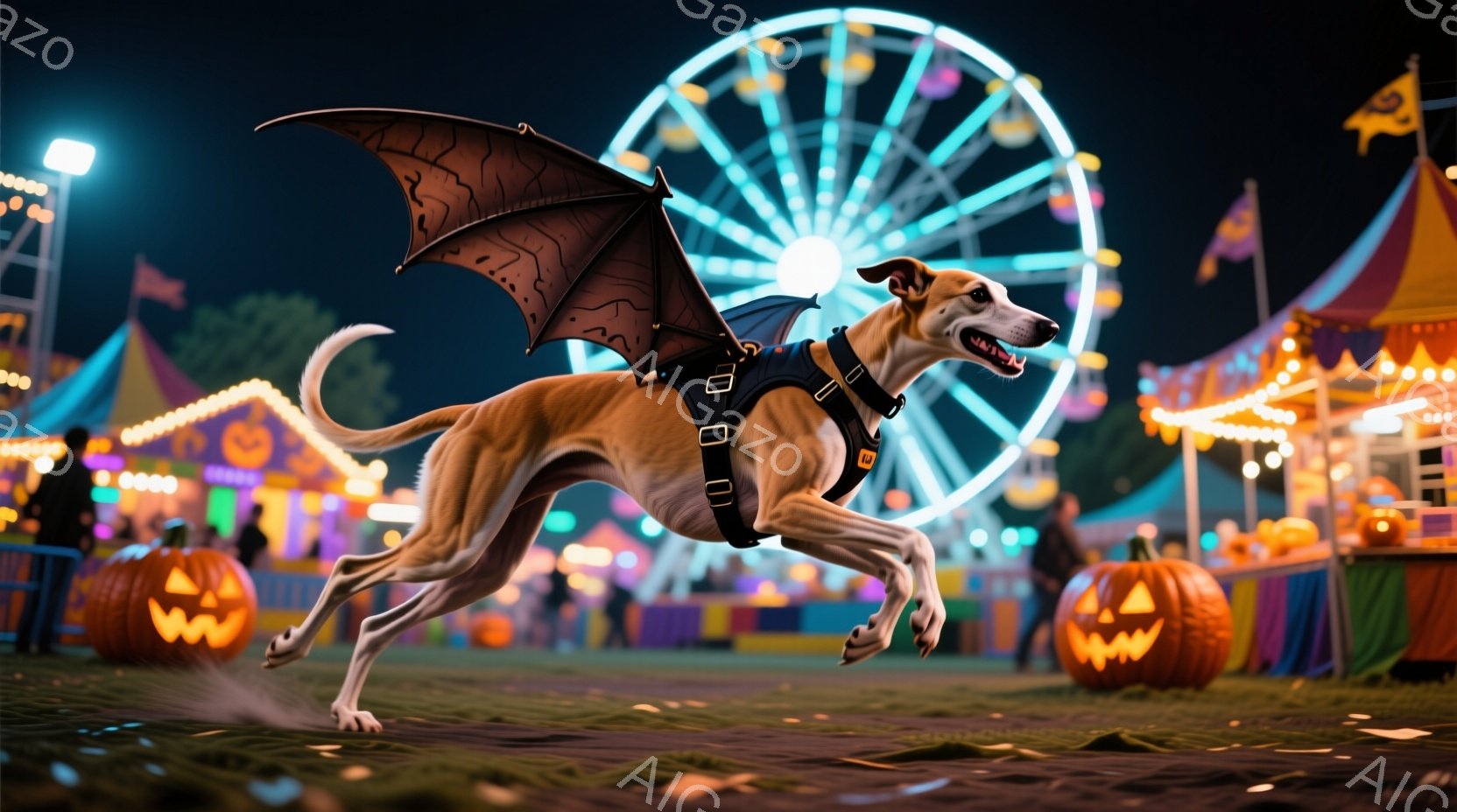 長身のスリムな犬が、黒い羽根とハーネスを身に着けて、遊園地の地面を駆け抜けている。背景には、カラフルなライトで飾られた観覧車や屋台が並び、ハロウィーンの装飾が施されたカボチャが置かれている。夜間の遊園地という設定で、活気に満ちた、お祭り騒ぎのような雰囲気を感じさせる。