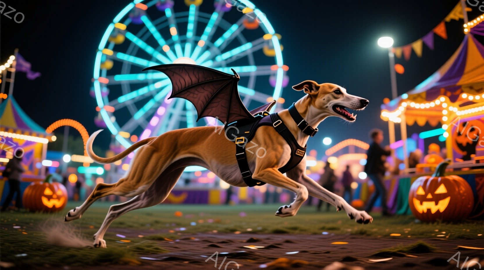 翼を付けた茶色の愛犬が、夜の遊園地を走り抜けている様子が写っています。背景には、カラフルな光を放つ観覧車や、ハロウィーンの装飾が施された建物がぼやけ、秋の夜の賑やかさと楽しさを演出しています。犬は活気に満ちた表情で、まるでスーパーヒーローのように躍動感にあふれています。