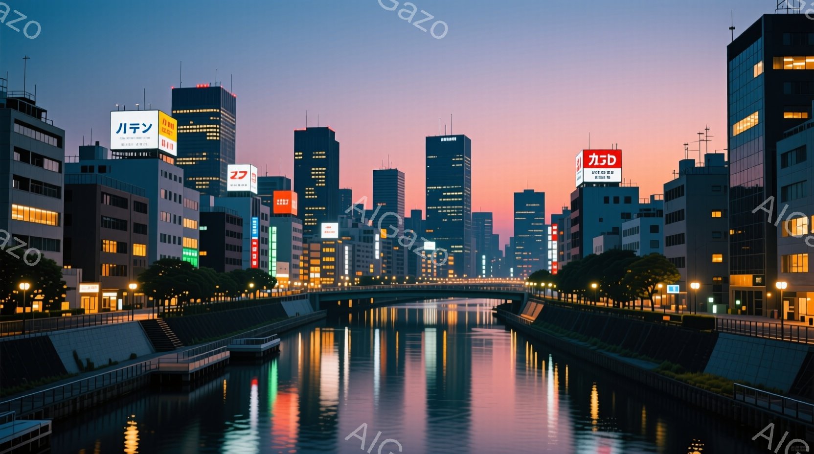 夜の都市の風景で、運河が建物の間に流れています。高層ビル群が光り輝き、水面に鮮やかなオレンジと紫色の反射を作り出しています。空は夕暮れの色合いで、穏やかで幻想的な雰囲気を醸し出しています。