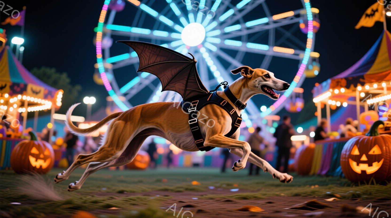 長身のスリムな犬が、ハロウィーンの飾り付けがされた遊園地を疾走している。黒い翼とハーネスを身に着け、口を開けて楽しそうに走る姿は躍動感に満ちている。背景には、ライトアップされた観覧車やカボチャ、そして - AI生成フリー素材
