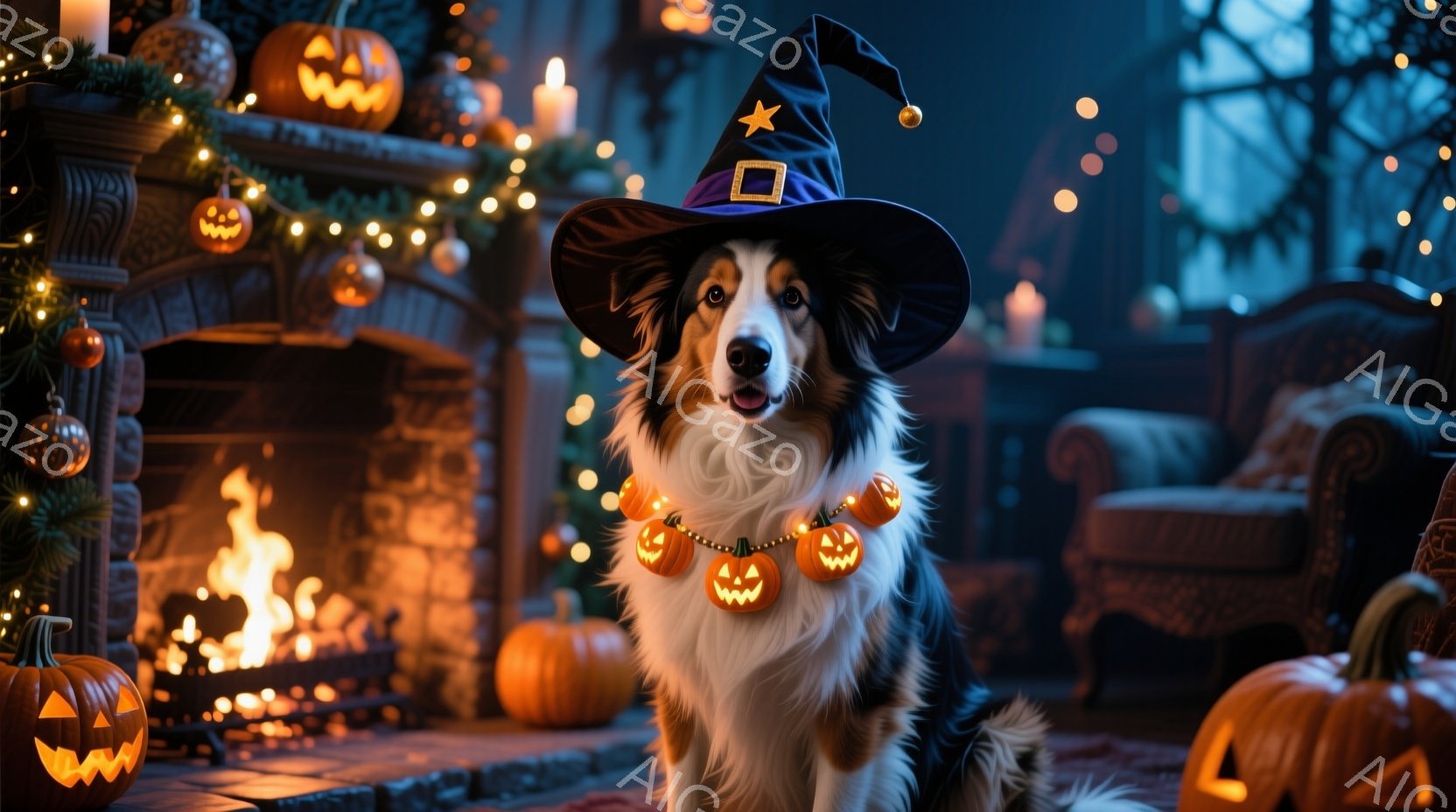 長毛のボーダーコリーが、ハロウィーンをテーマにした装飾の中で正面を向いています。黒い魔女帽子を被り、カボチャの形をしたライトが連なったガーランドを首に巻いており、優しい表情でカメラを見ています。背景に - AI生成フリー素材