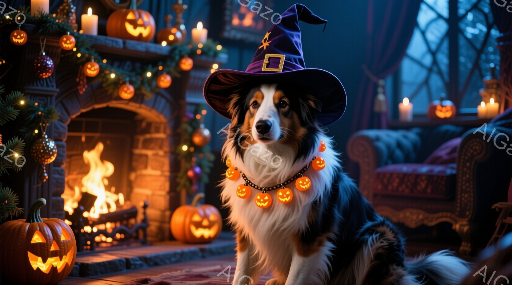 ボーダーコリーがハロウィーンの魔女帽子とカボチャのネックレスを身に着けて座っています。背景には暖炉の火、光るカボチャのランタン、そしてハロウィーンの装飾が施された部屋が広がっており、暖かく幻想的な雰囲 - AI生成フリー素材